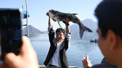 浙江：千島湖巨網捕魚迎豐收